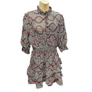 The Shirt by Rochelle Behrens Ruffled Tier Mini Dress in Black/Red NWT Large